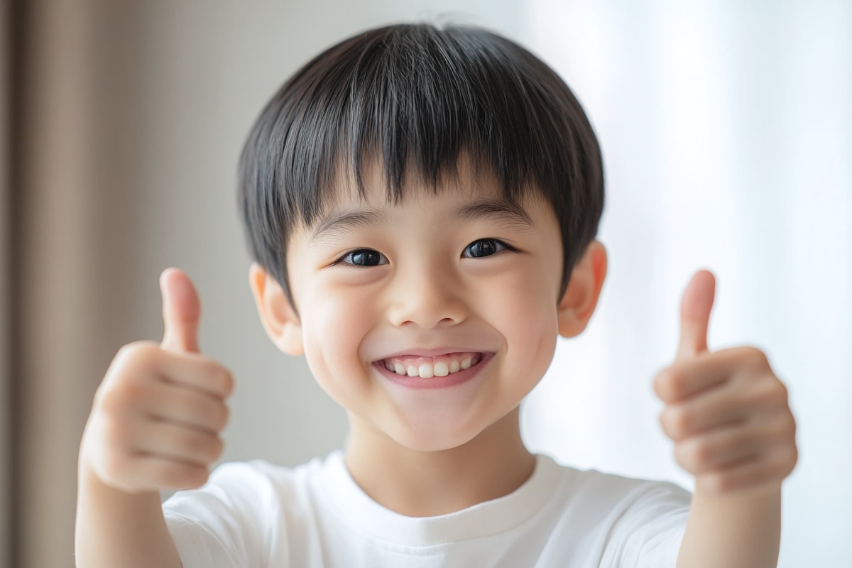 悪い歯並びを矯正して両手でグッドサインをする笑顔の子ども